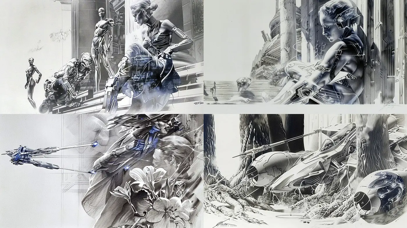 Futuristic Monochromatic Dreamscape - Midjourney sref style