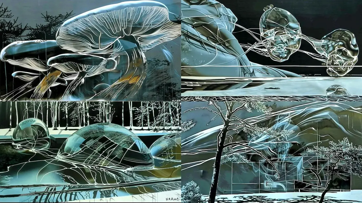 Surreal and ethereal exploration of organic forms and reflections - Midjourney sref style