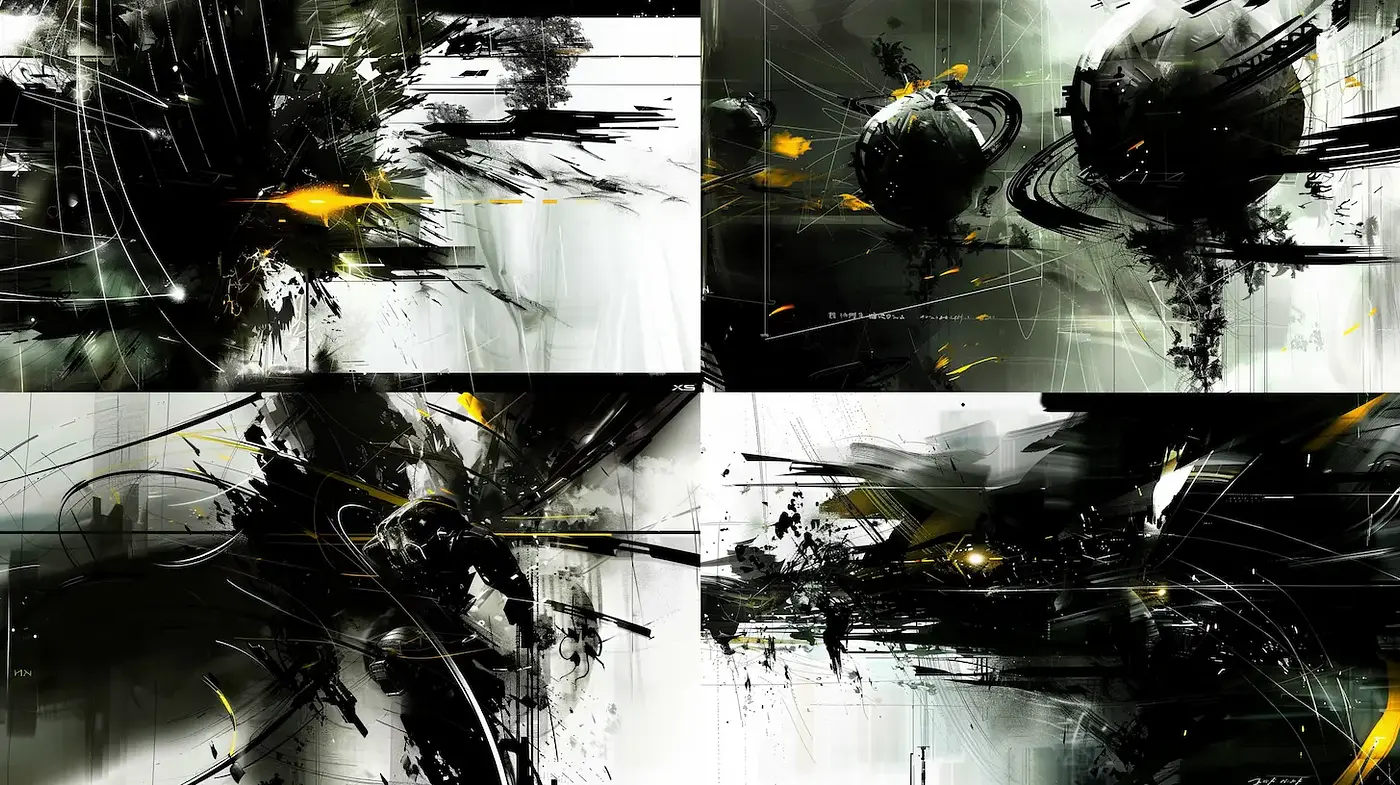 Dynamic and Ethereal Abstract Landscapes with a Futuristic Dystopian Edge - Midjourney sref style