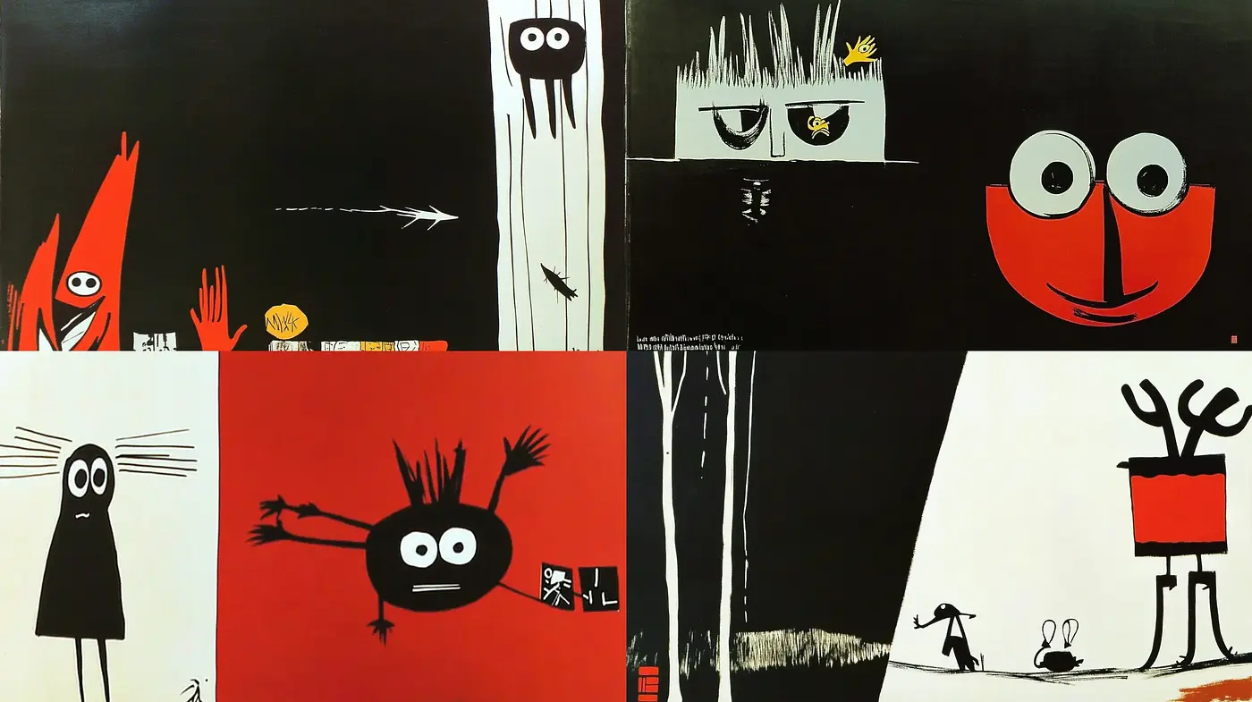 Stylized Modern Art Fusion with Bold Contrast and Whimsical Characters - Midjourney sref style