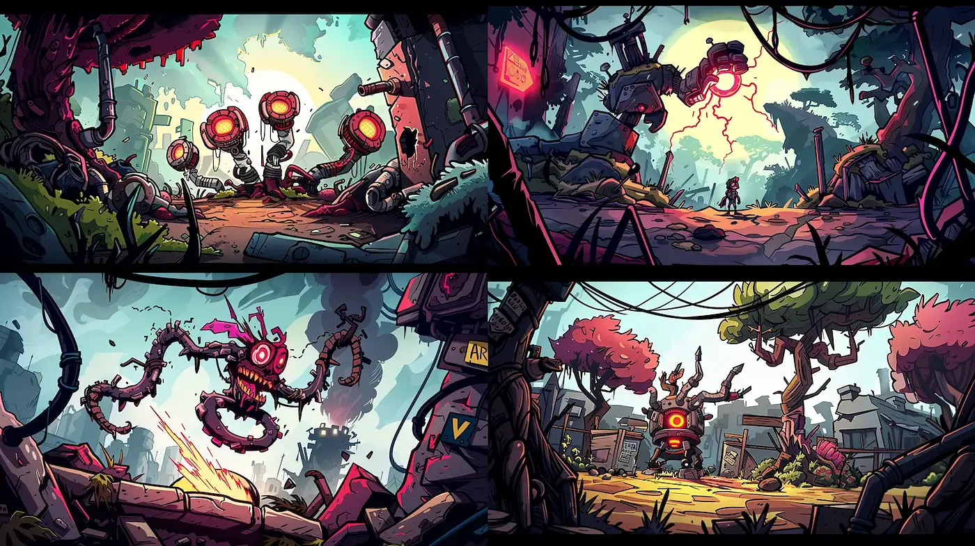 Vibrant Post-Apocalyptic Cartoon Landscapes with Organic Elements - Midjourney sref style