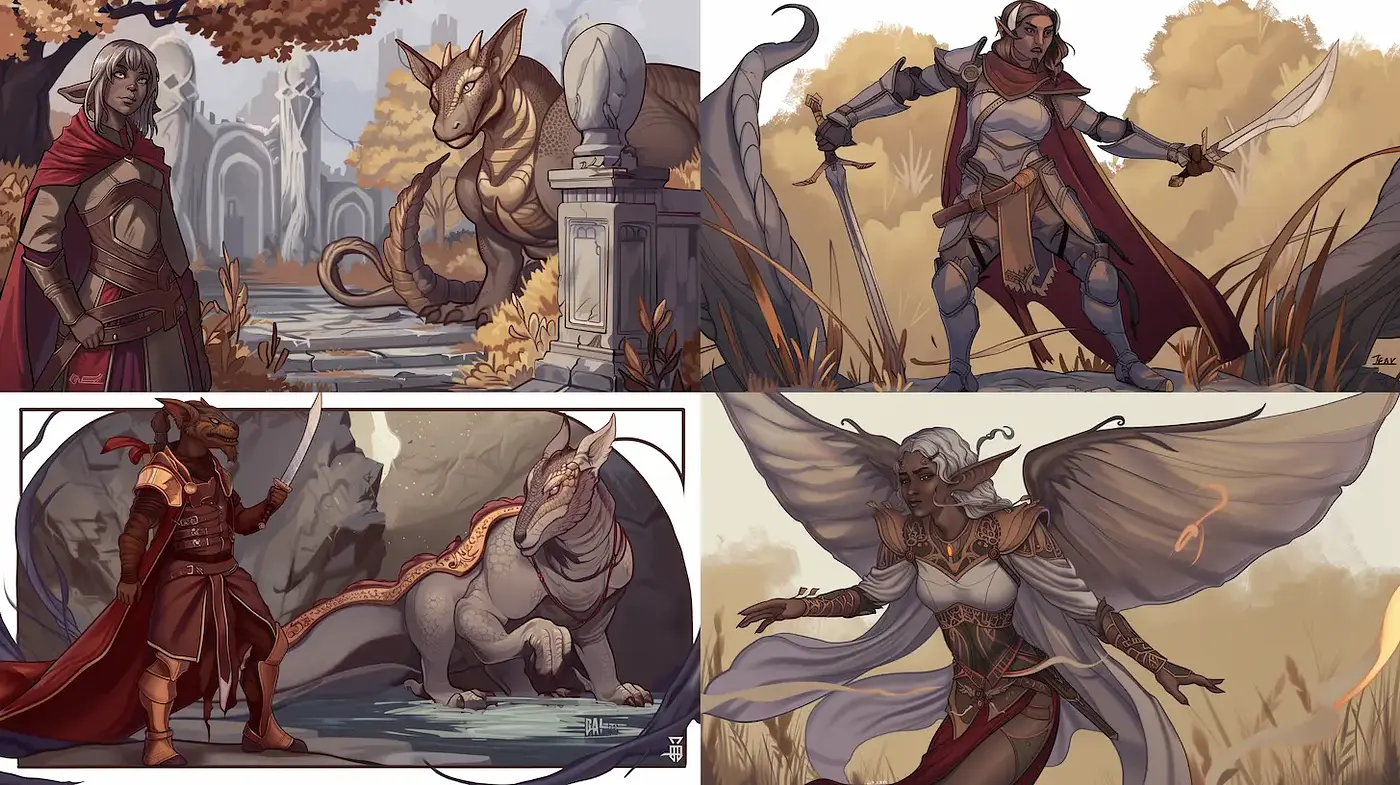 Dynamic Fantasy Illustrations with a Cohesive Character Design - Midjourney sref style