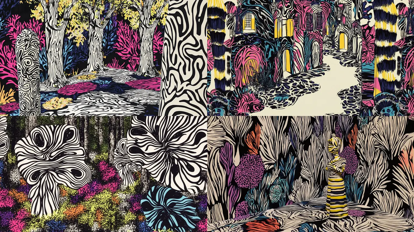 Psychedelic Botanical Dreamscape in Bold Lines and Vibrant Hues - Midjourney sref style