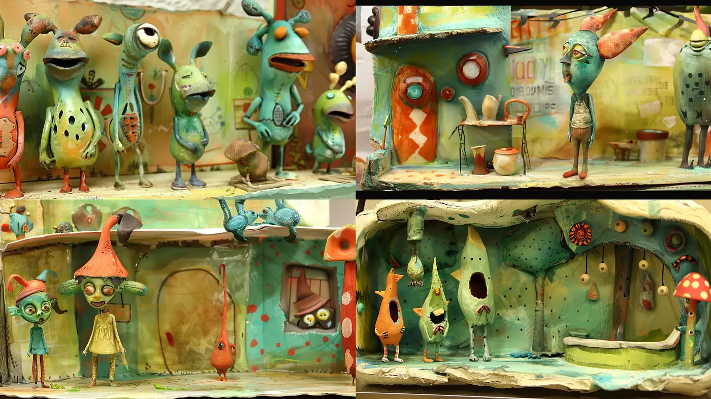 Whimsical Claymation Dreamscape: A Homage to Stop-Motion Animation's Textural Wonderland - Midjourney sref style