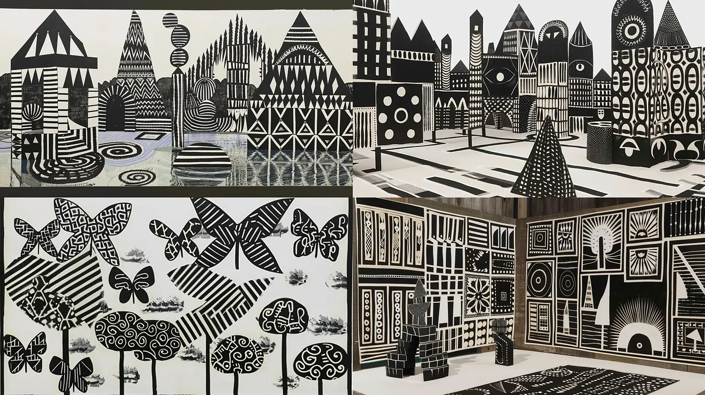 Monochromatic Geometric Tapestry: A Harmony of Shapes and Patterns - Midjourney sref style