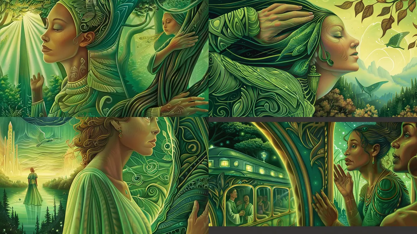 Enigmatic Emerald Dreamscape: A Meld of Art Nouveau Elegance and Surrealist Etherealness - Midjourney sref style