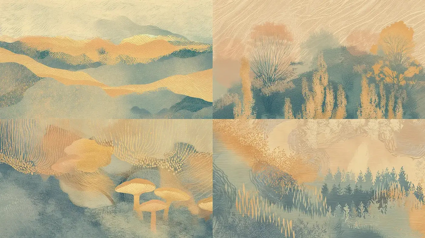 Subtle Earthy Landscapes with Organic Textures - Midjourney sref style