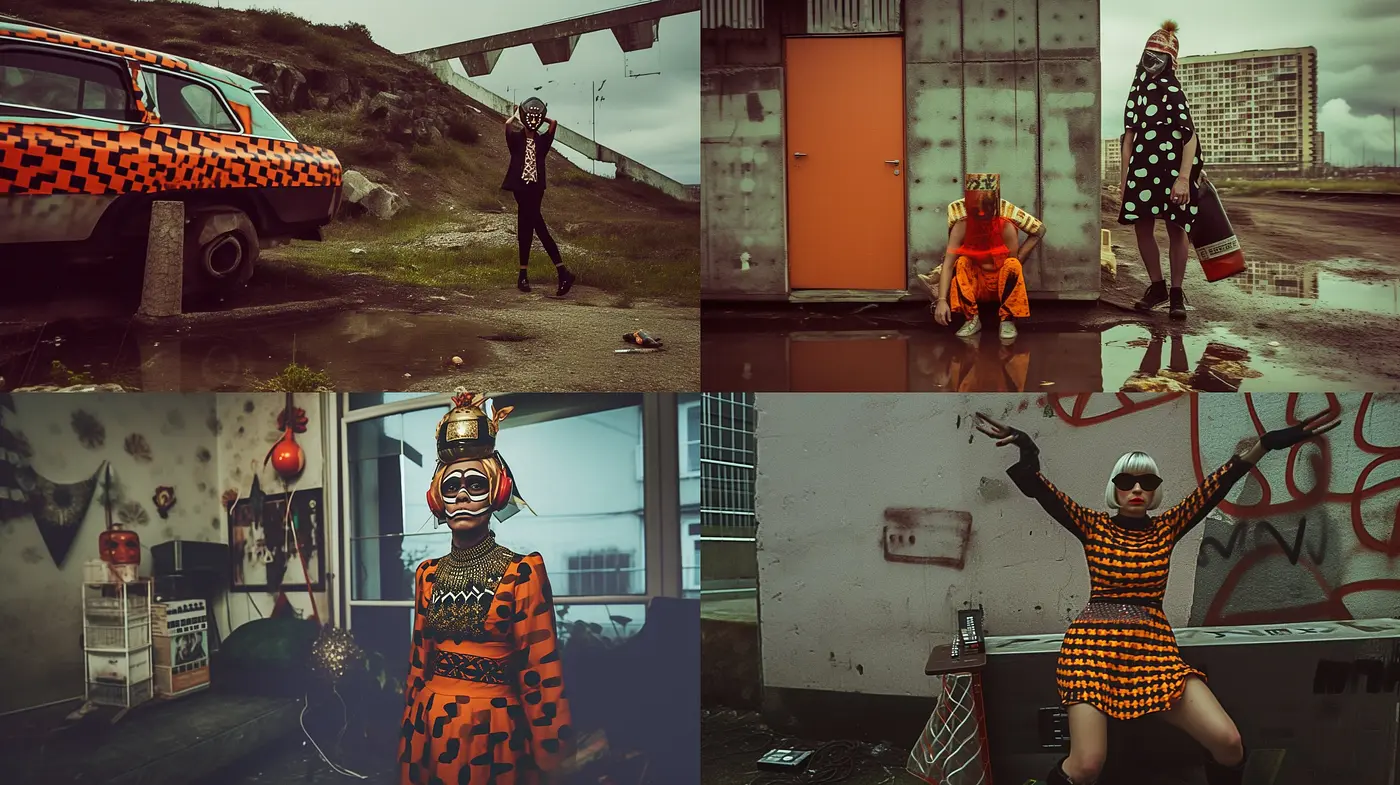 Eccentric Postmodern Juxtaposition with a Surreal and Urban Twist - Midjourney sref style