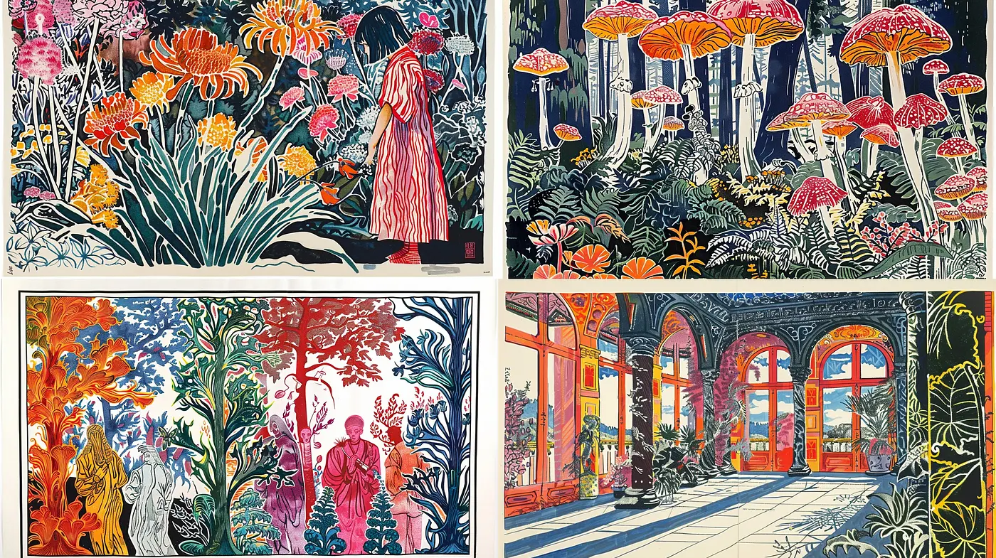 Ethereal Botanical Dreamscape: A Fusion of Whimsy and Detail in Vivid Hues - Midjourney sref style