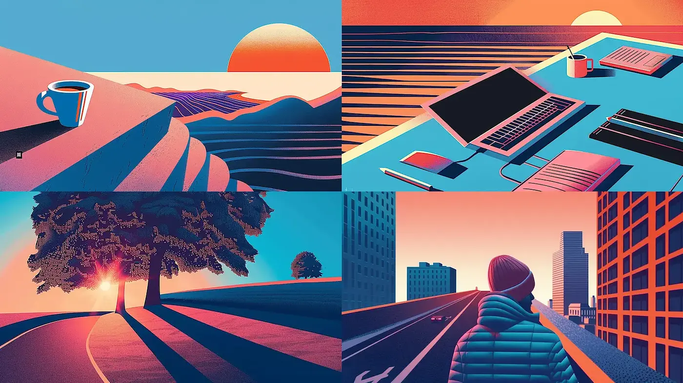 Vividly stylized landscapes with a modern retro aesthetic - Midjourney sref style