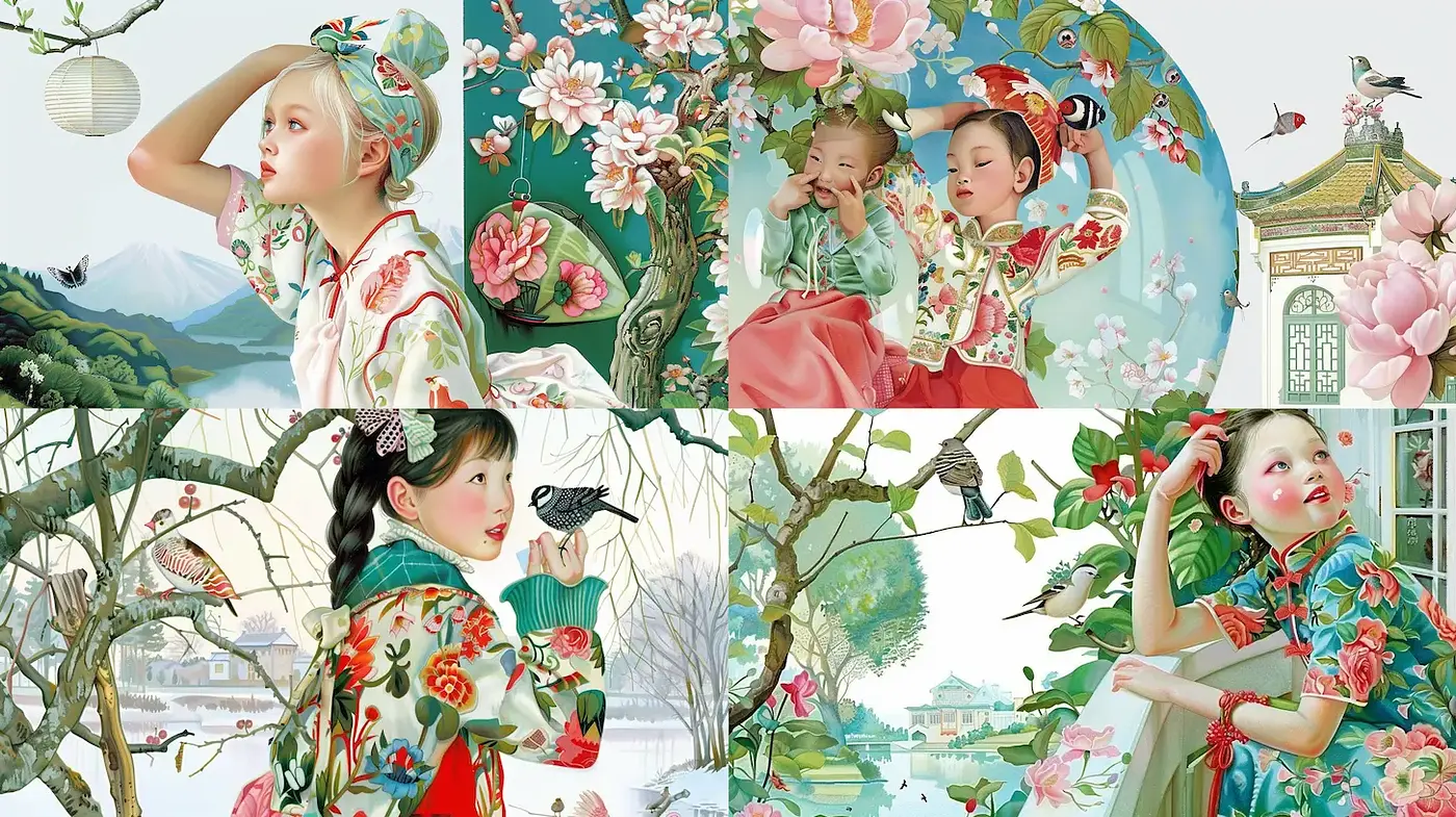 Culturally Rich Illustrative Style with Floral and Avian Motifs - Midjourney sref style