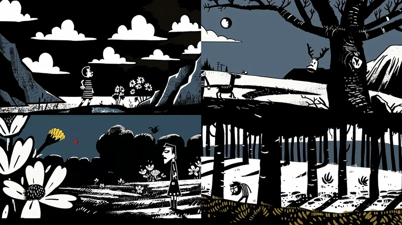 Whimsical Illustrative Style with a Dark Contrast - Midjourney sref style