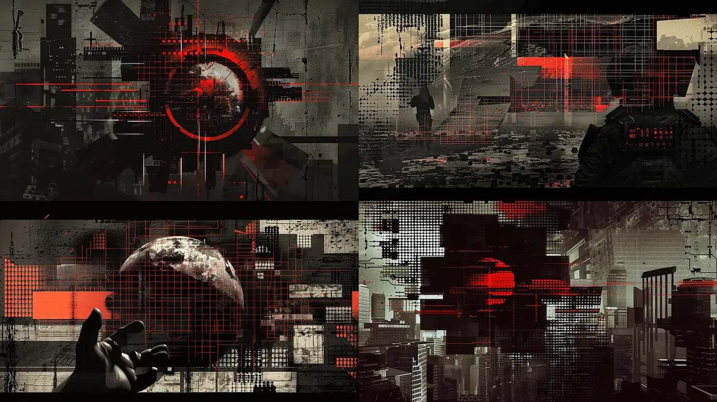Futuristic, dystopian visual style with geometric abstraction - Midjourney sref style