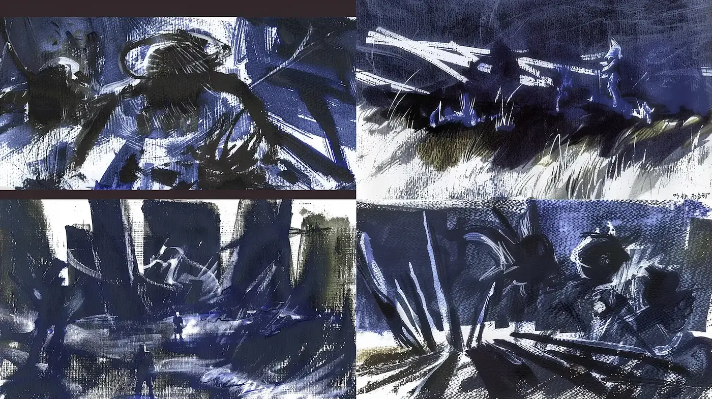 Dynamic Expression of Shadows and Light with a Monochromatic Palette - Midjourney sref style