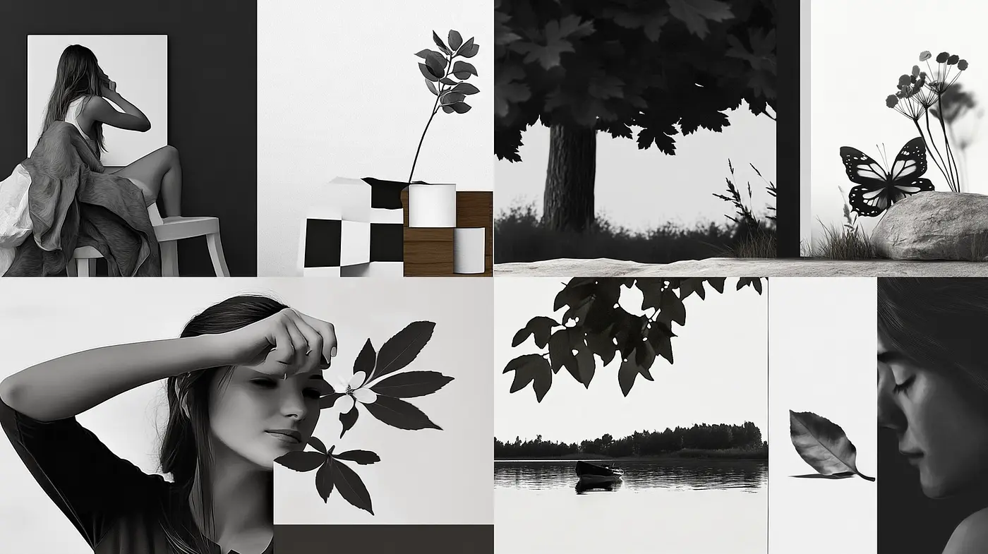 Contemporary Monochrome Aesthetic with Natural Elements - Midjourney sref style