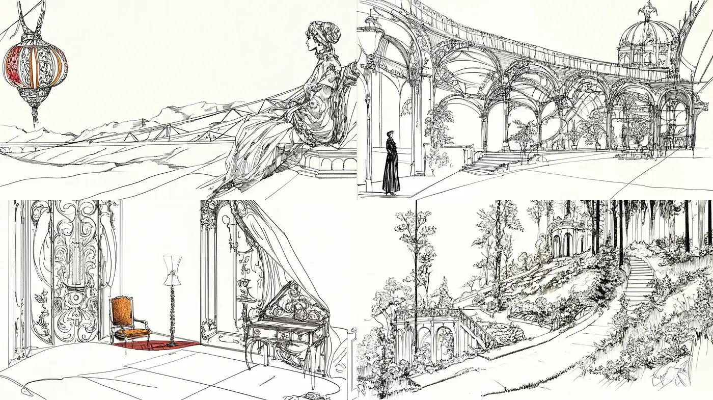 Elegant Line Drawing with Monochromatic Detailing and Architectural Emphasis - Midjourney sref style