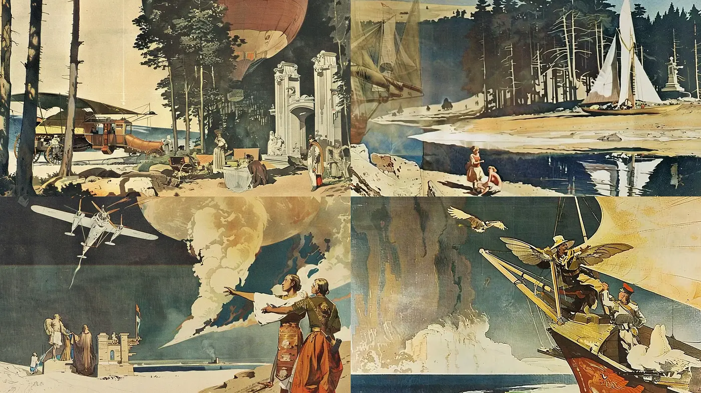 Retrofuturistic Dreamscape Renderings with a Consistent Vintage Pallet and Adventure Ambiance - Midjourney sref style