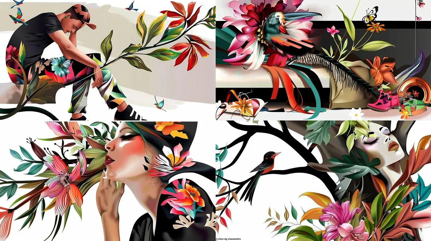 Floral Fusion: A Mélange of Vibrant Colors and Stylized Botanical Illustrations - Midjourney sref style