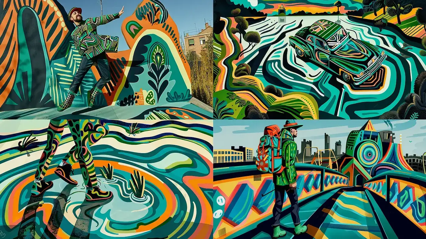 Vibrant and Playful Narrative Art with Dynamic Patterns - Midjourney sref style