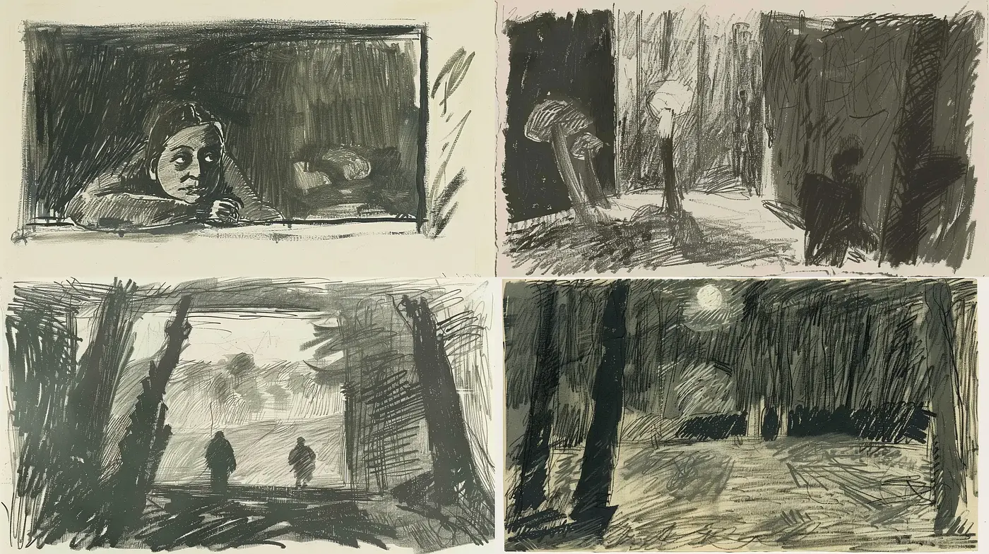 Monochromatic Sketches of Solitude: Shades of Melancholy in Strokes - Midjourney sref style