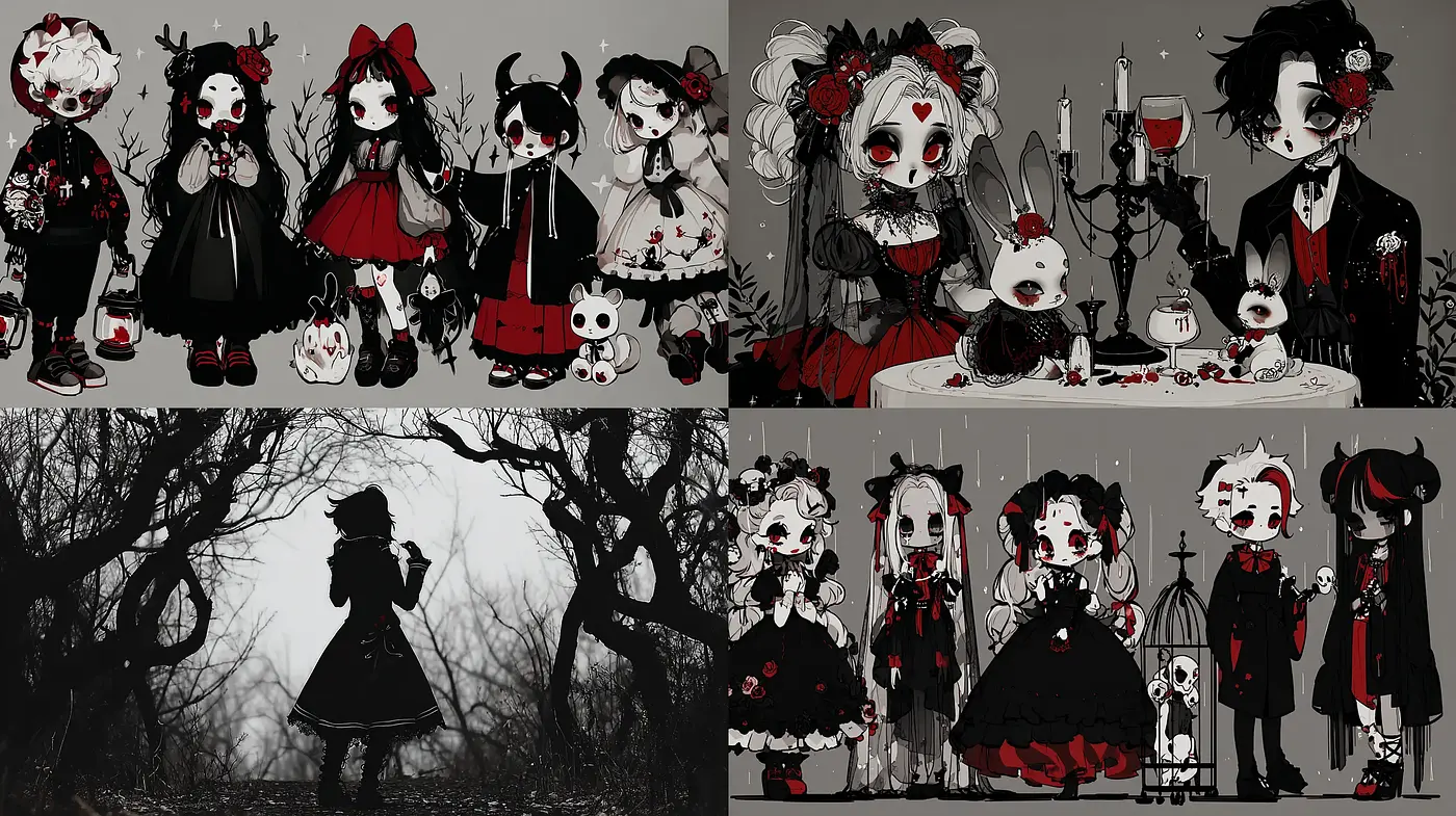 Gothic Whimsical Aesthetic with Monochrome Undertones - Midjourney sref style