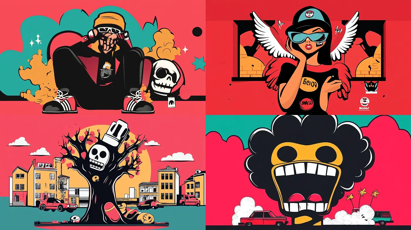 Eclectic Pop Art Fusion with Bold Colors and Street Art Influences - Midjourney sref style