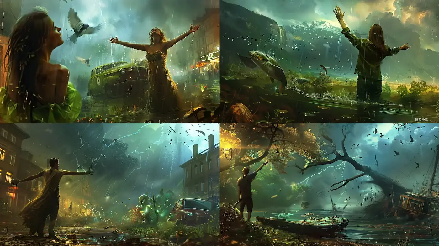 Dramatic Environmental Scenes with Surreal Elements Reflecting Nature's Power - Midjourney sref style