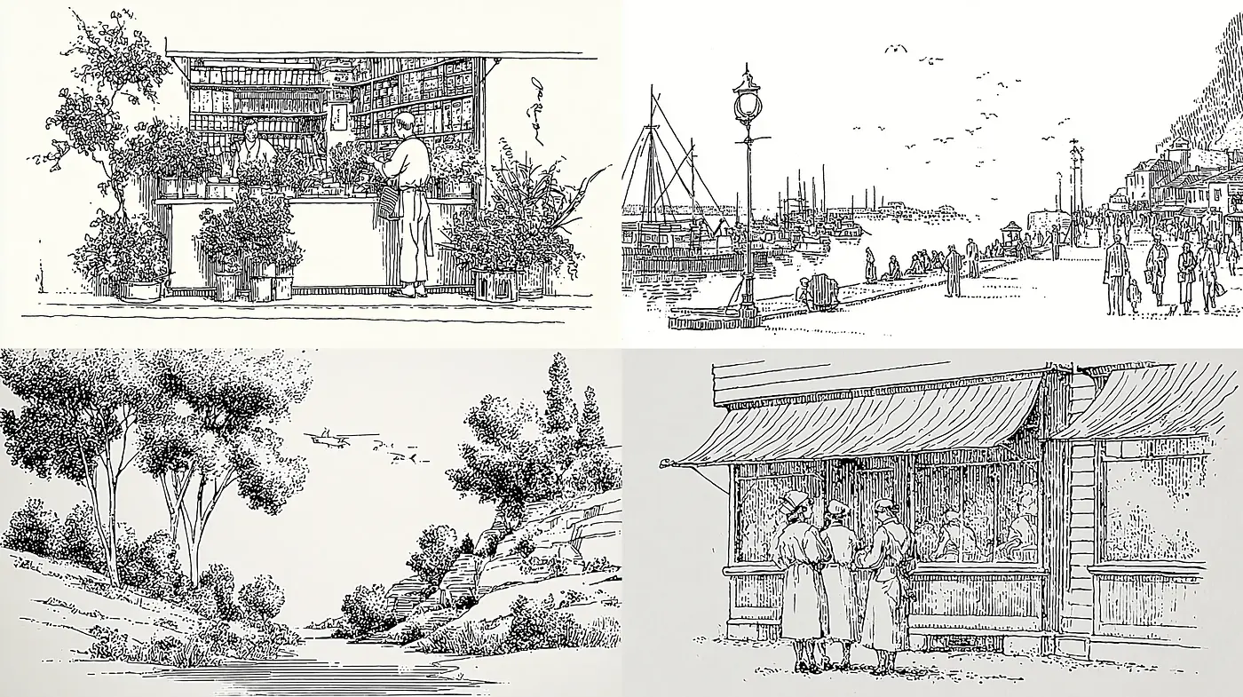 Intricate Black and White Illustrations with a Touch of Vintage Charm - Midjourney sref style