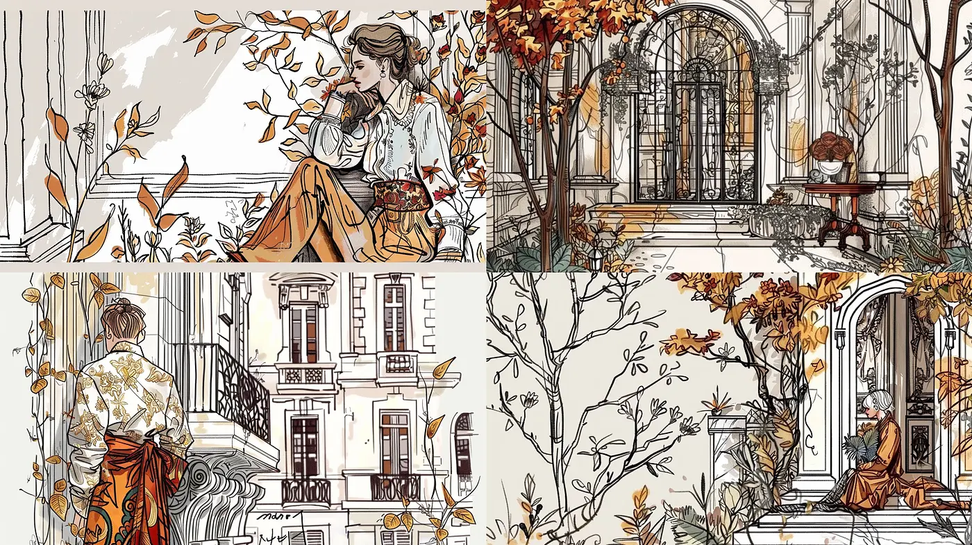 Autumnal Harmony: An Artistic Fusion of Illustrative Lines and Earthy Watercolor Tones - Midjourney sref style