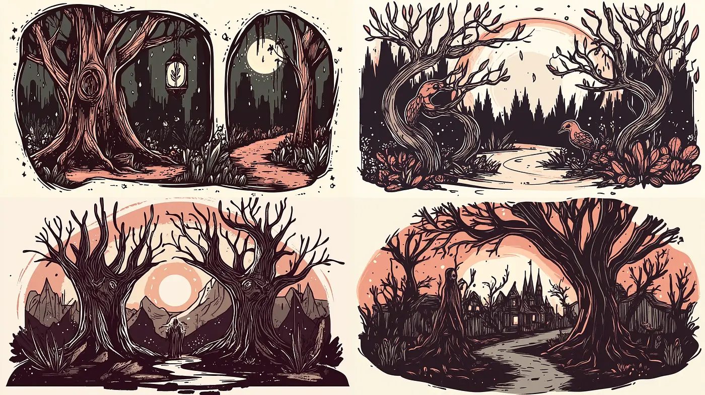Twilight Arbor Tales: Evocative Crosshatched Nature Vignettes - Midjourney sref style