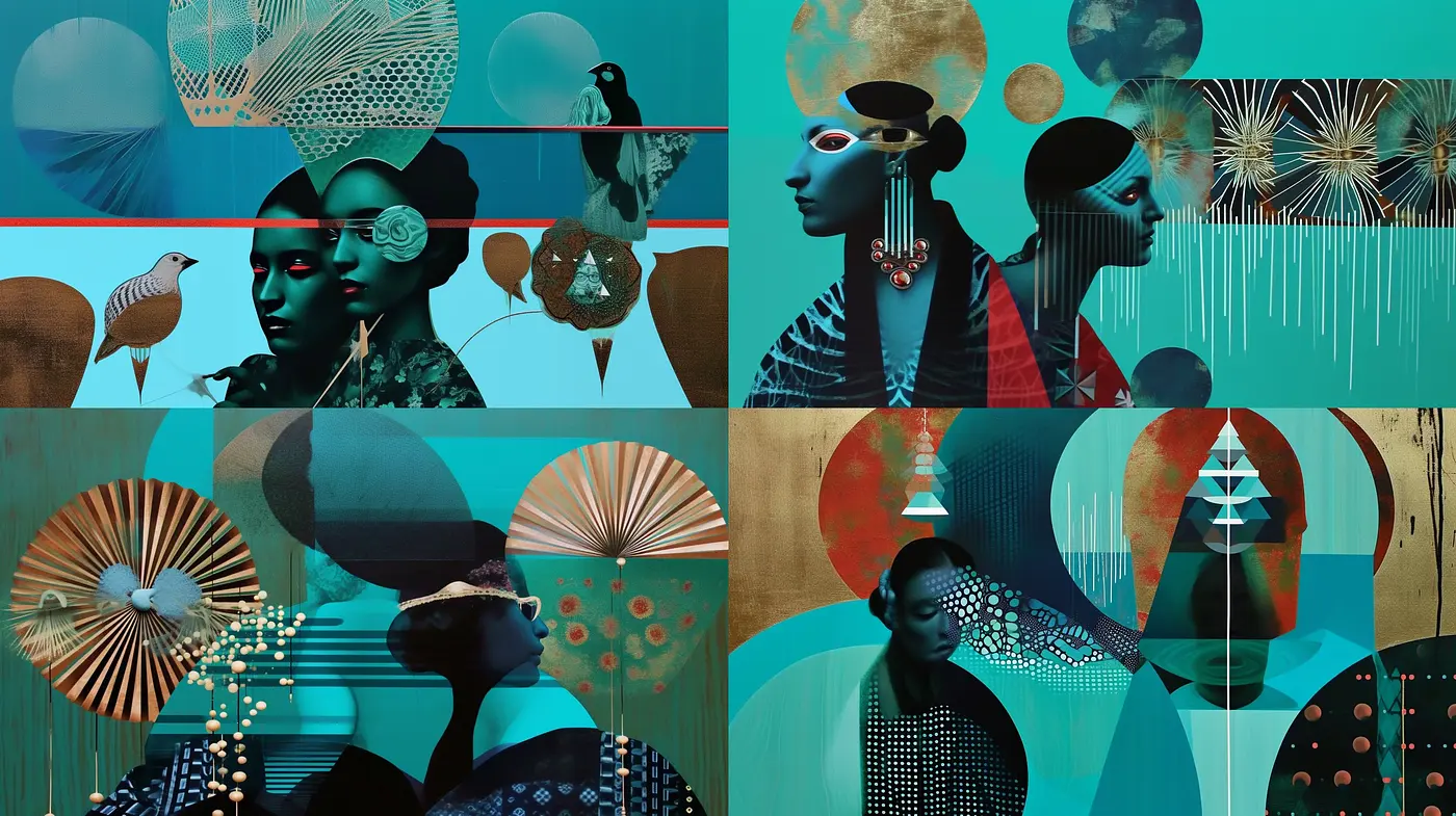 Synthesized Tapestry of Turquoise and Tawny Hues with Geometric and Organic Fusion - Midjourney sref style
