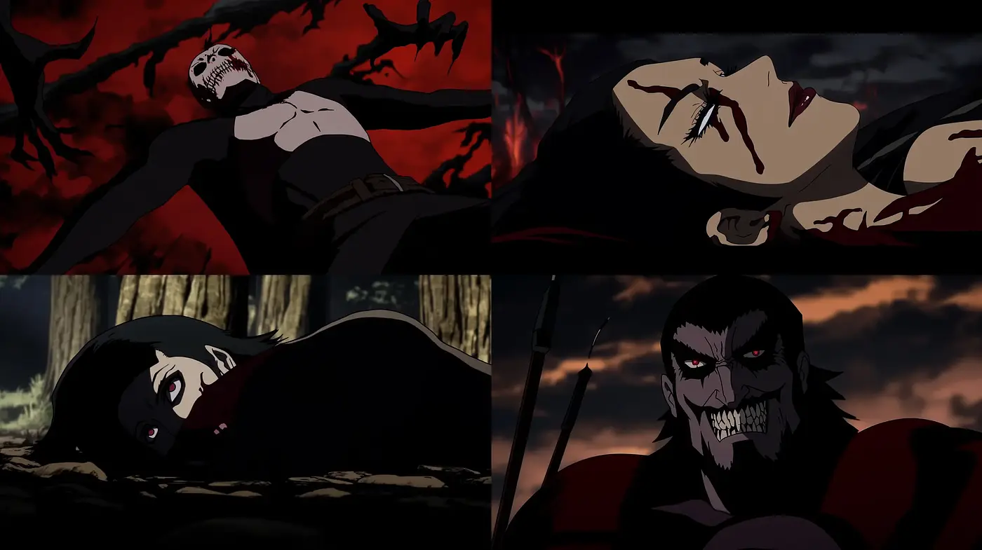 Dark and Intense Anime-inspired Illustrations with a High-Contrast Palette - Midjourney sref style