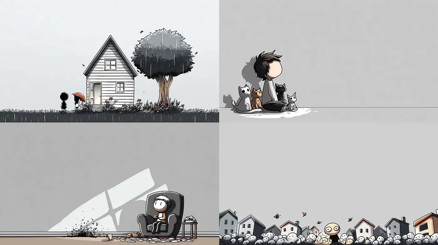 Playful Yet Melancholic Illustrations with a Minimalist Approach - Midjourney sref style