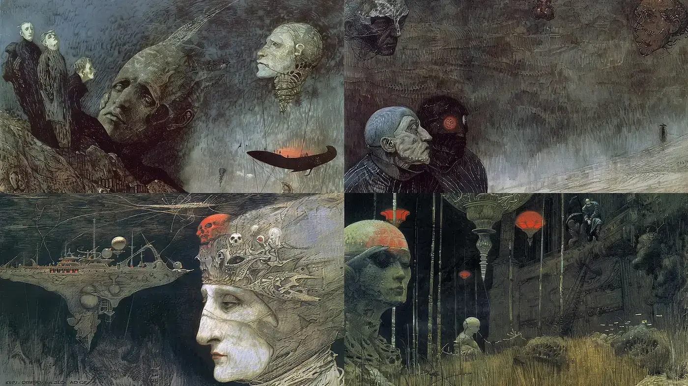 Surreal, dreamlike depiction of the human condition within a dark and atmospheric realm - Midjourney sref style