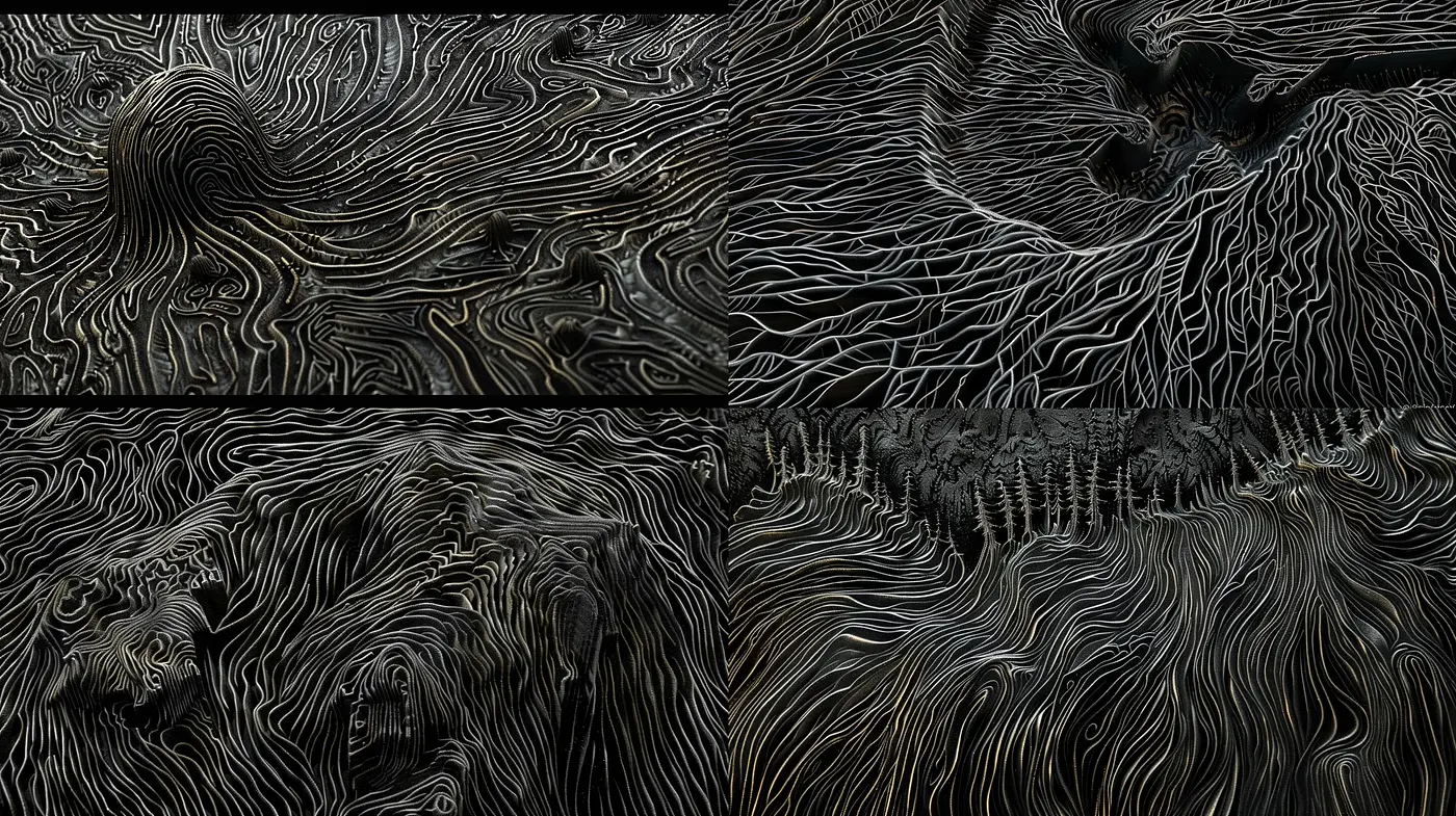 Ethereal Linework Vistas in Monochromatic Shades - Midjourney sref style