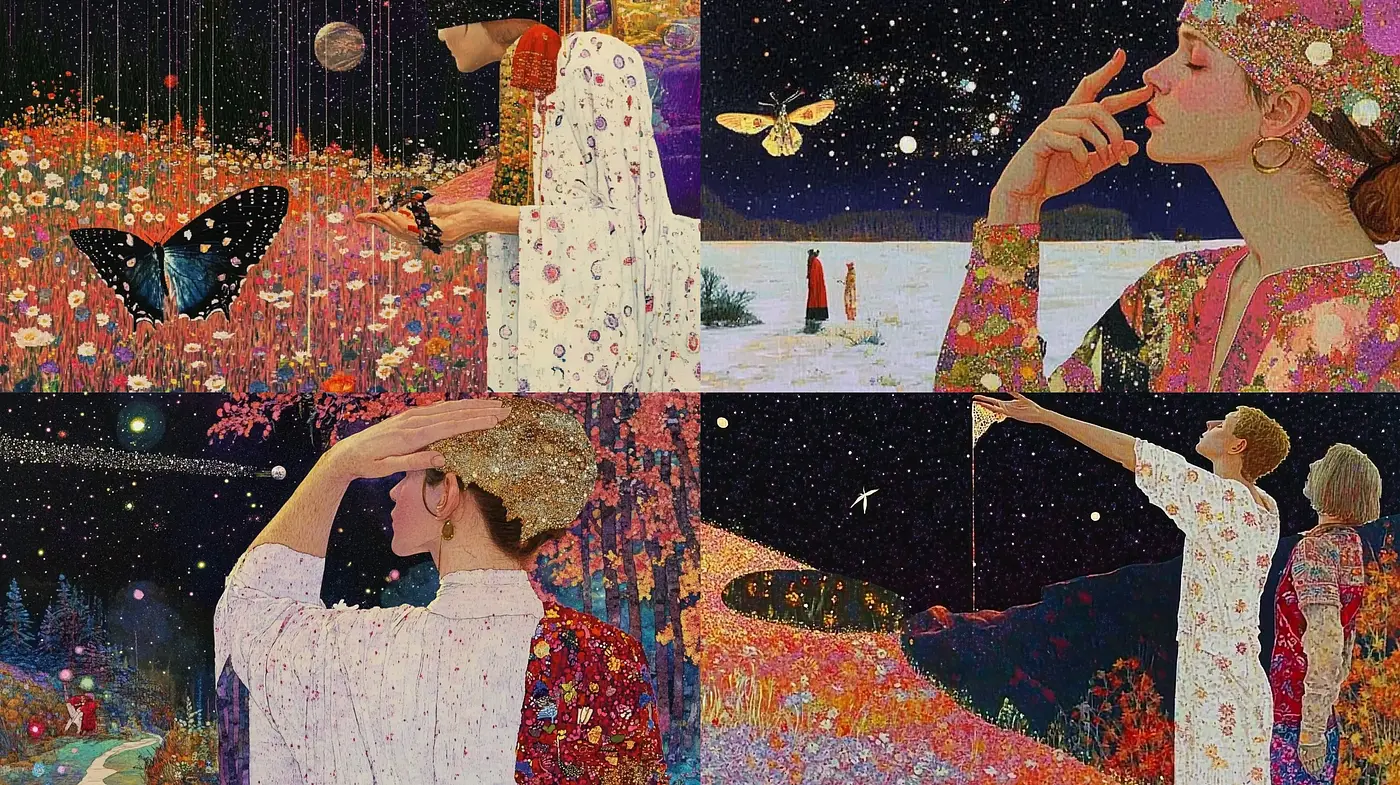 Starry Dreamscapes and Floral Patterns in Pointillism-Influenced Night - Midjourney sref style