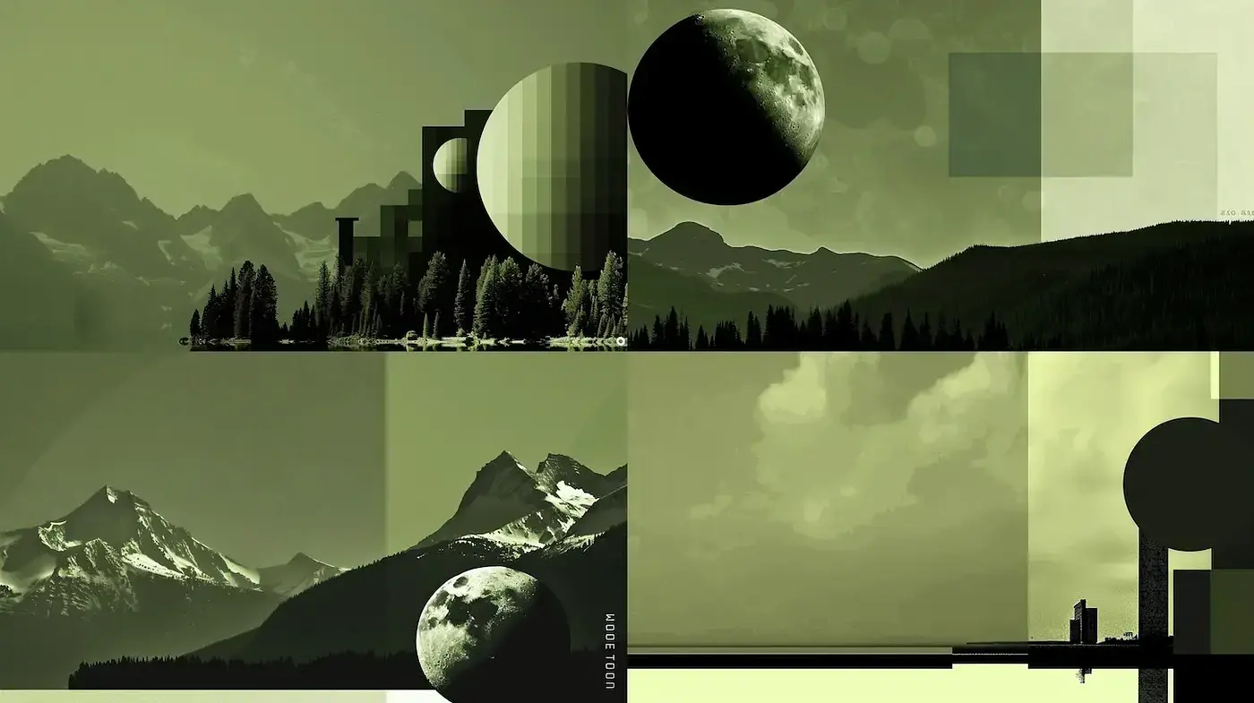 Geometric nature landscapes with a monochromatic ambiance - Midjourney sref style