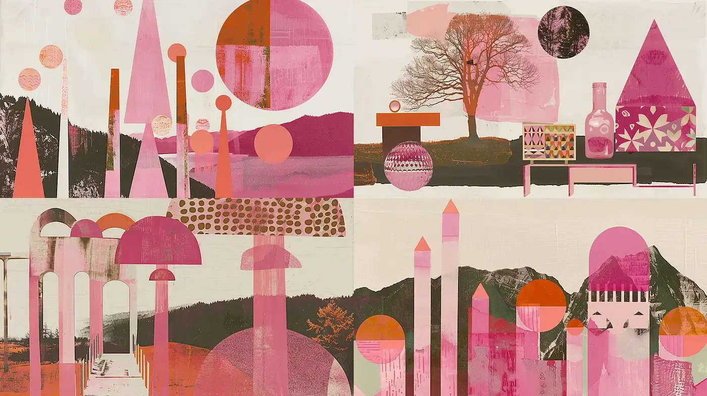 Playful Geometric Collage with Organic Elements - Midjourney sref style
