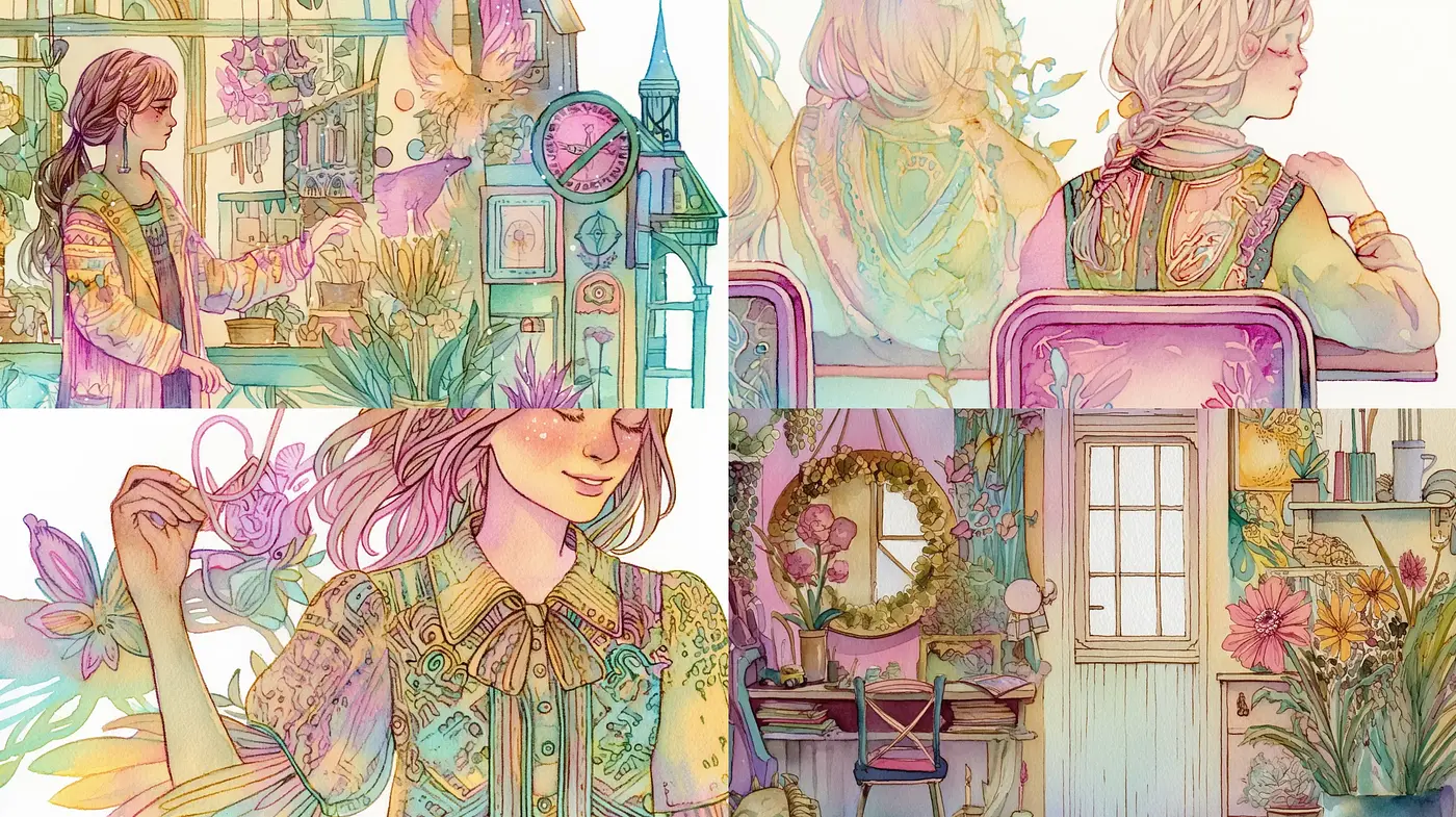 Whimsical Watercolor Dreamscape with Pastel Hues - Midjourney sref style