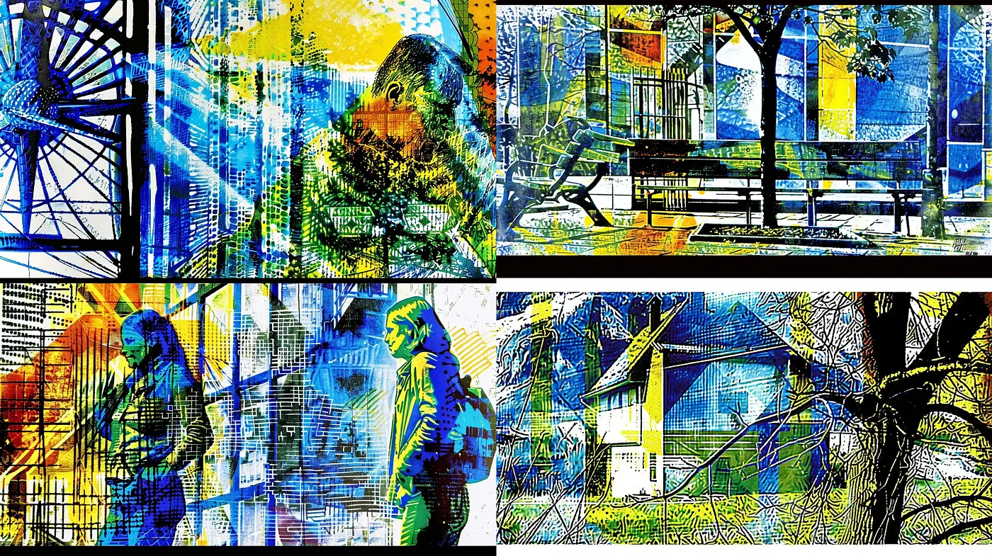 Neon-Splashed Urban Dreamscape with Synthetic Cubist Overtones - Midjourney sref style