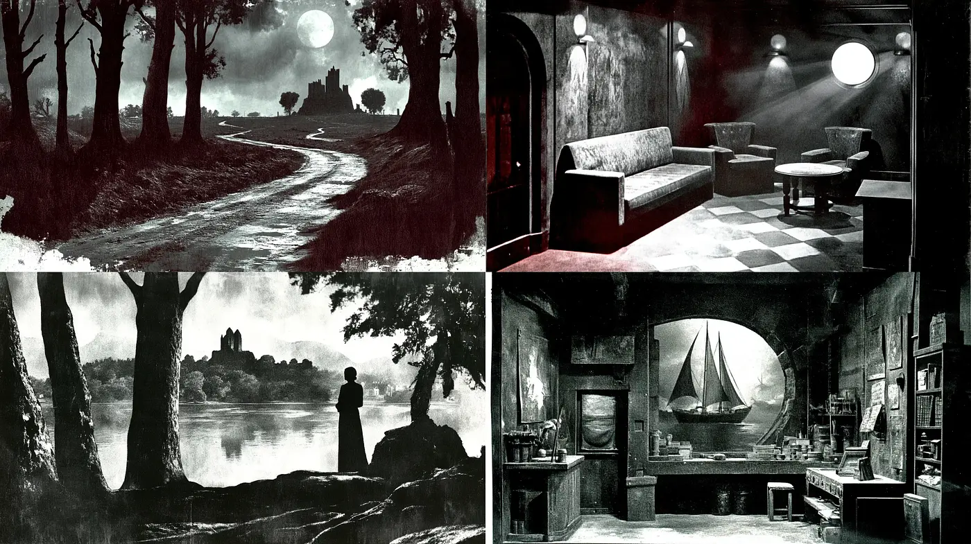 Eerie Monochrome Visions: A Remix of Gothic and Film Noir Ambiance - Midjourney sref style