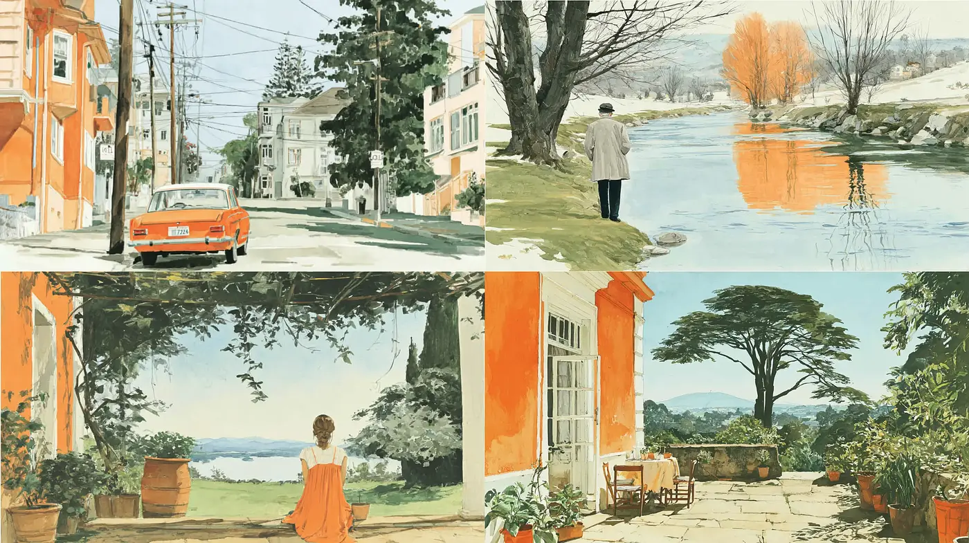 Serene Urban and Natural Landscapes with Mid-Century Influences - Midjourney sref style