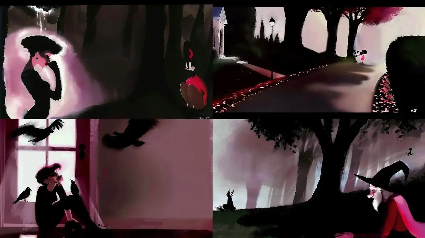 Cinematic and Whimsical Dark Art with Vintage Charm - Midjourney sref style