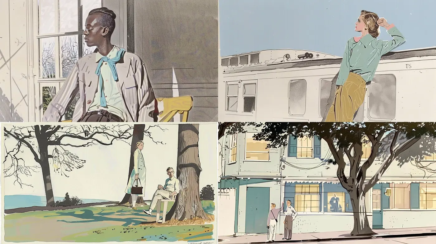 Consistent Mid-Century Illustrated Elegance with a Warm Pastel Palette - Midjourney sref style