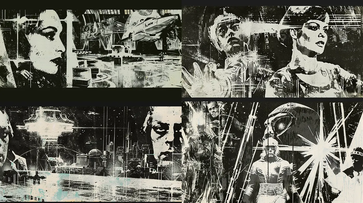 Gritty Noir-Inspired Monochrome Visuals with Splattered Texture Overlay - Midjourney sref style