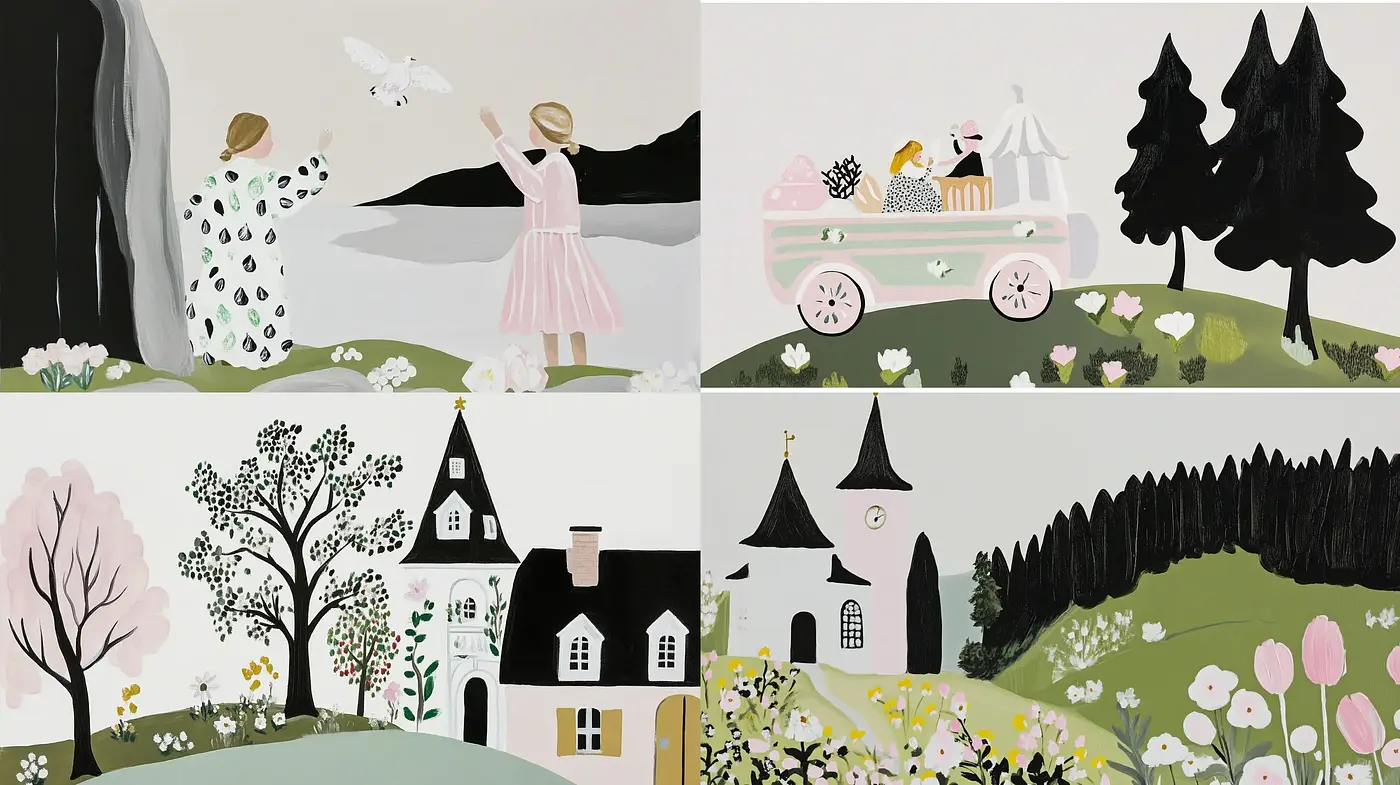 Enchanted Storybook Illustration with Pastel Toned Whimsy - Midjourney sref style