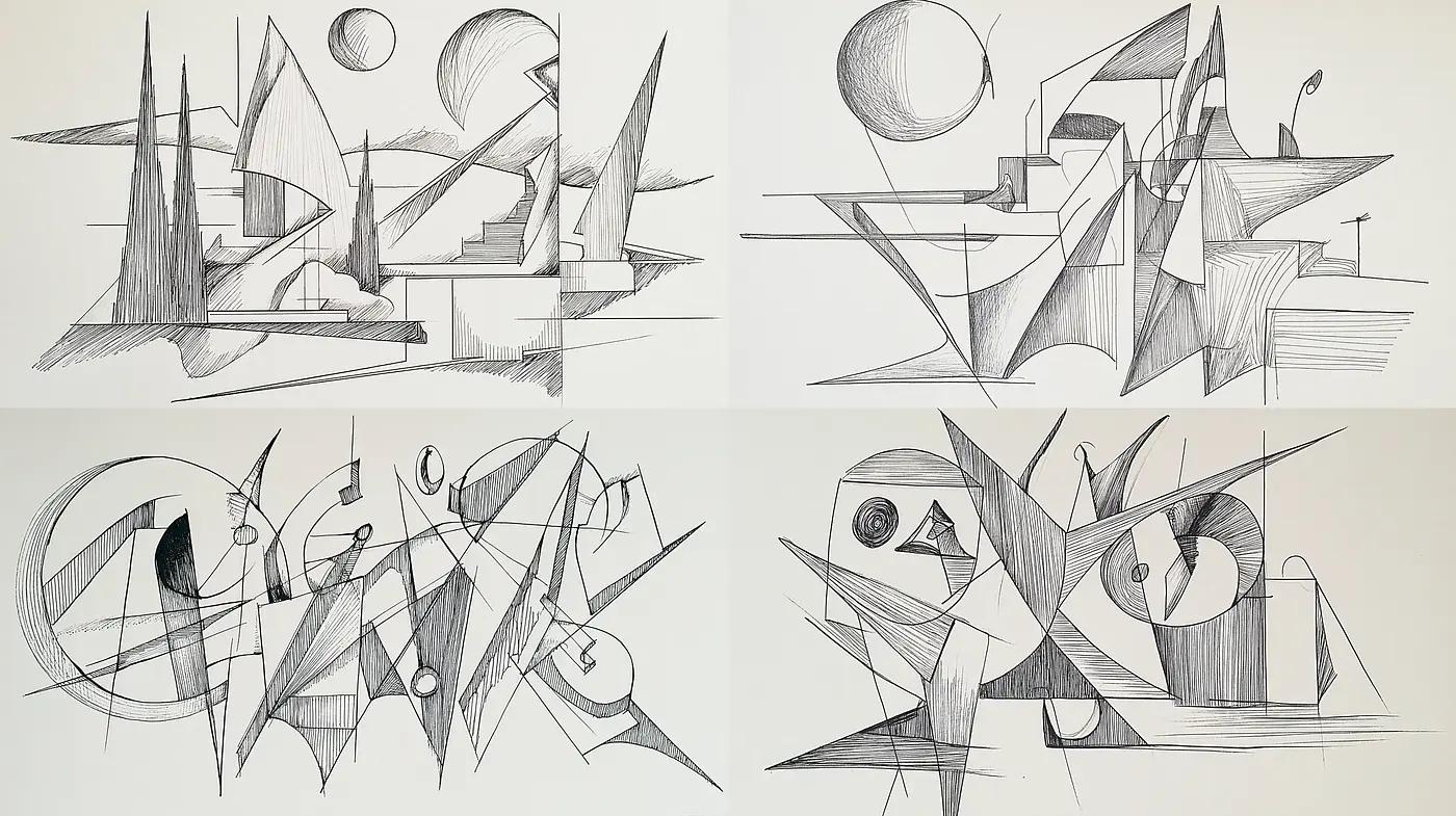 Dynamic Geometric Abstractions with a Monochromatic Aesthetic - Midjourney sref style