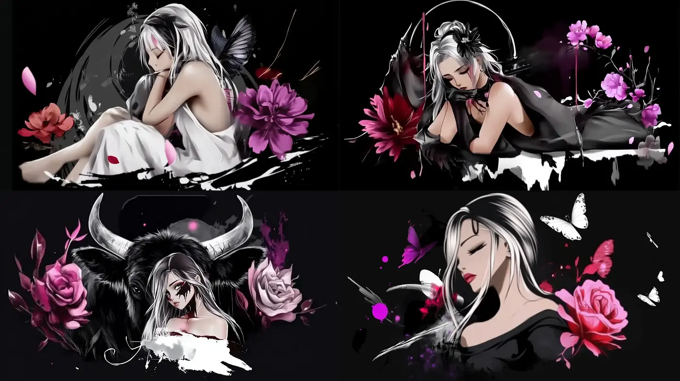 Ethereal Anime-Inspired Digital Art with Floral Contrast - Midjourney sref style