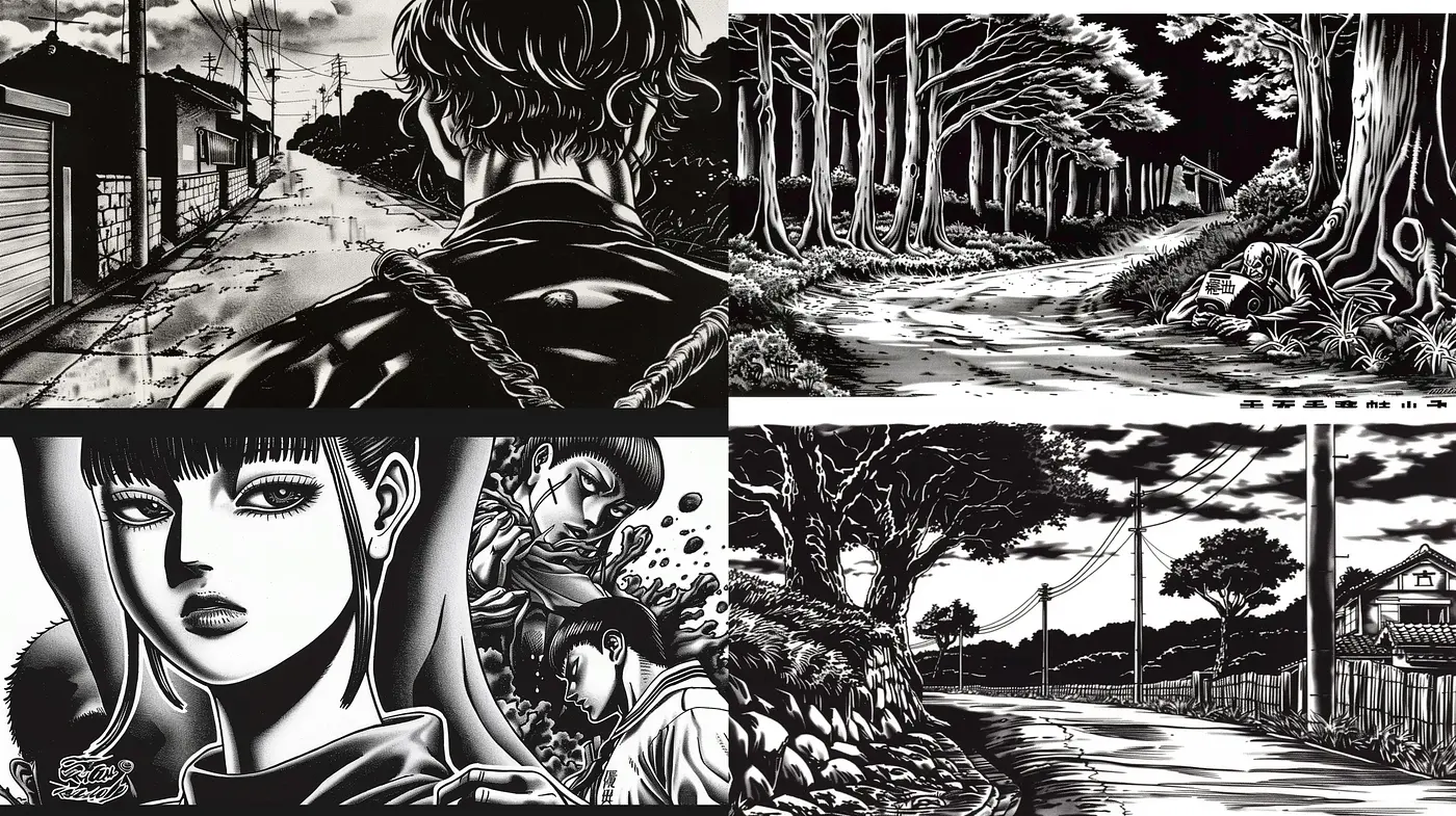 Monochromatic Manga-Inspired Scenic Artworks - Midjourney sref style