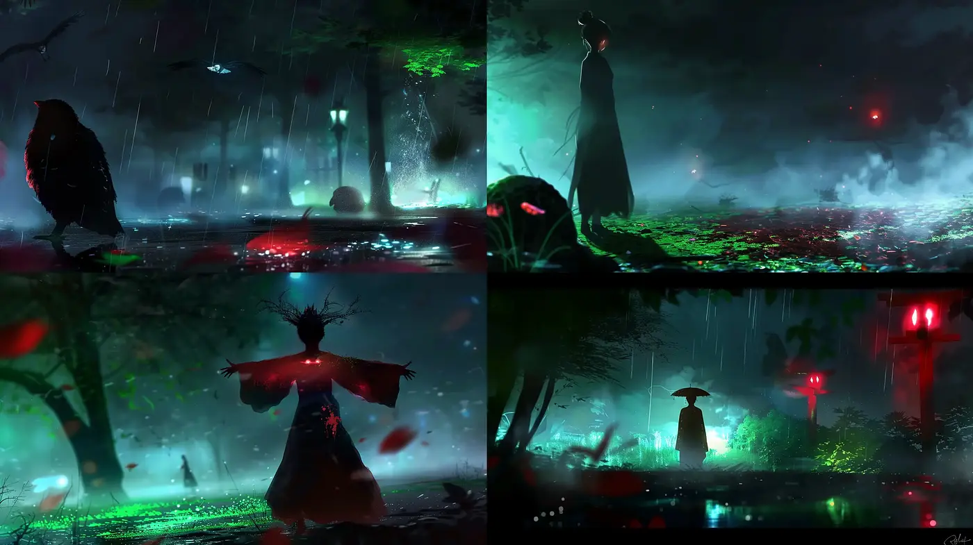 Neon-Noir Rainforest Enchantment - Midjourney sref style